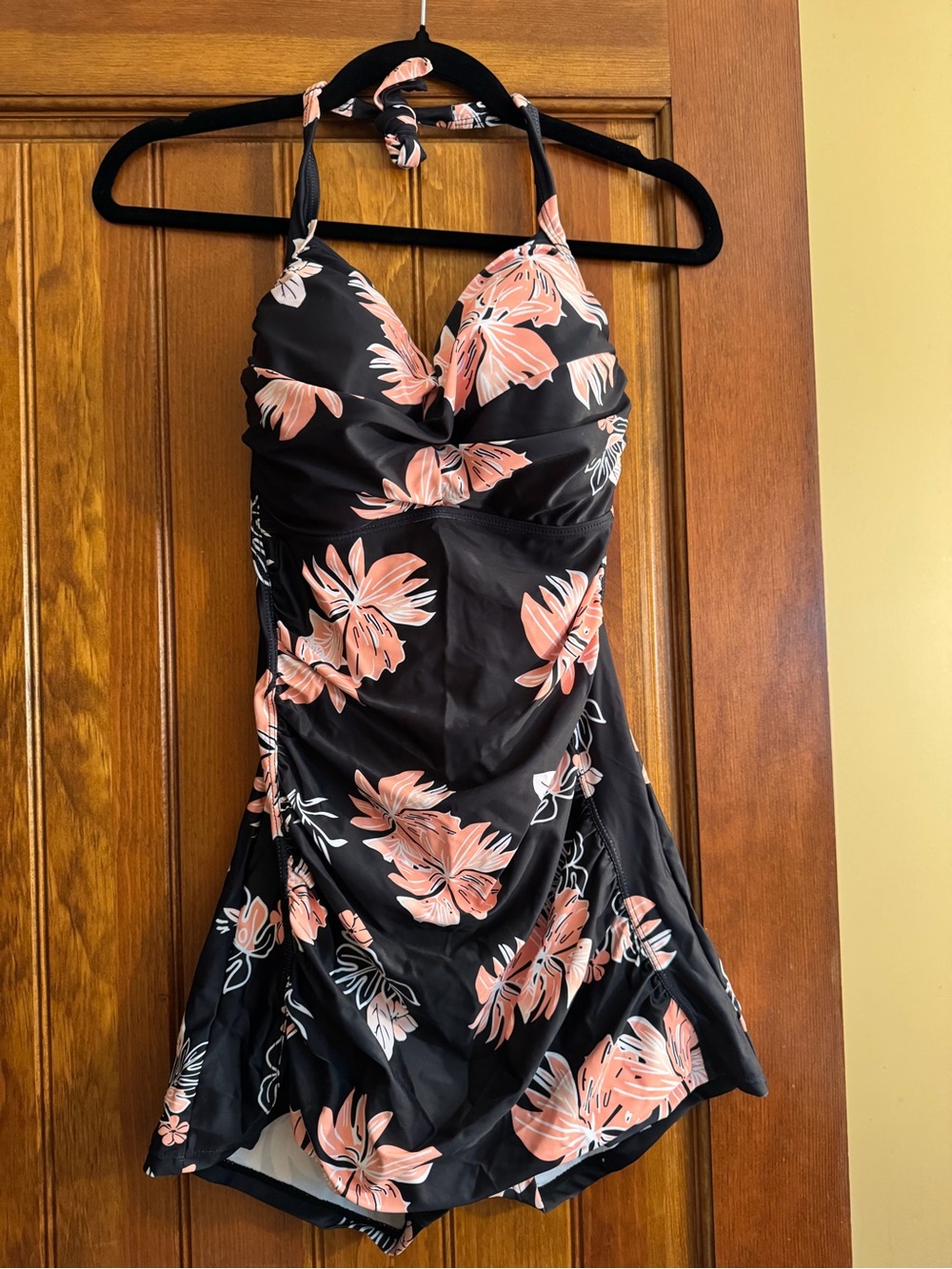 Amazon Women's Black One-Piece Swimdress with Pink Floral Print